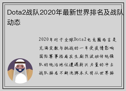 Dota2战队2020年最新世界排名及战队动态