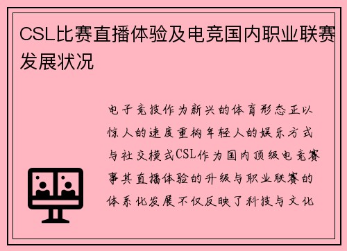 CSL比赛直播体验及电竞国内职业联赛发展状况